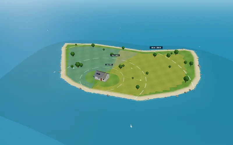 3D model of Greenfield Island: a small wooded island with the house at the south end and the two roof turrets' ground coverage zones drawn on the land